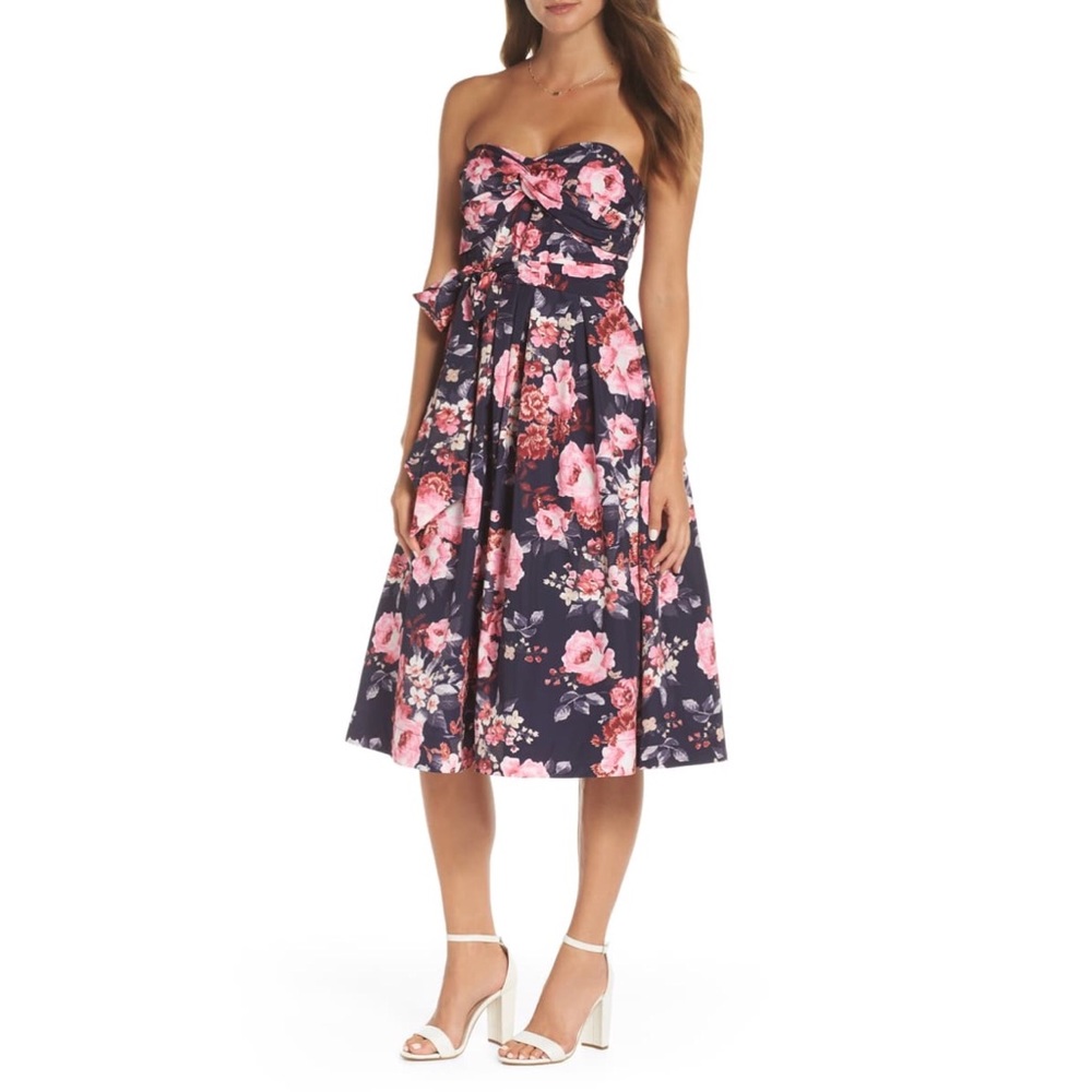 💐1901 Strapless Pink Rose & Navy Floral Dress